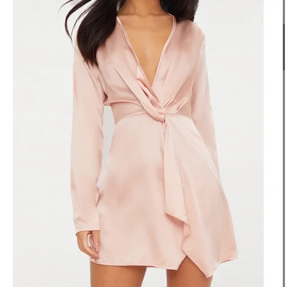 nude satin wrap dress $795 New Kamperett Loretta Midi Dress Silk Organza Silk Blush Nude Wrap Waist XS